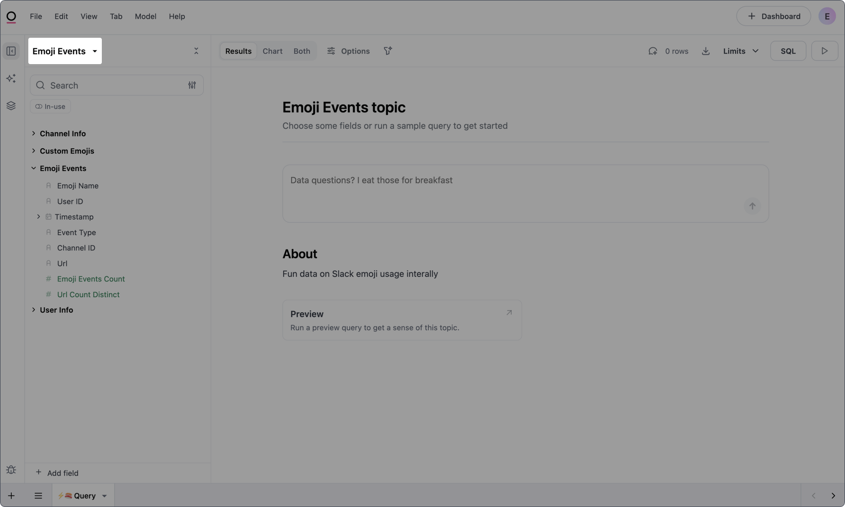 Example topics with labels, descriptions, and groups